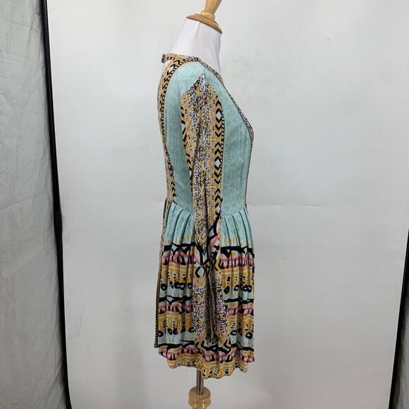 Free People Dress Womens 4 Multi Pleated Tegan Border Keyhole Bohemian Mini - Picture 5 of 16